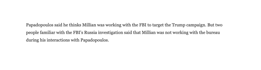 ACCUSATION 5: In Feb 2019  @GeorgePapa19, the Crossfire "Predicate", alleged to the Washington Post that he believed  @SergeiMillian was working to set him up on behalf of the FBI. (WaPo 02/7/19)