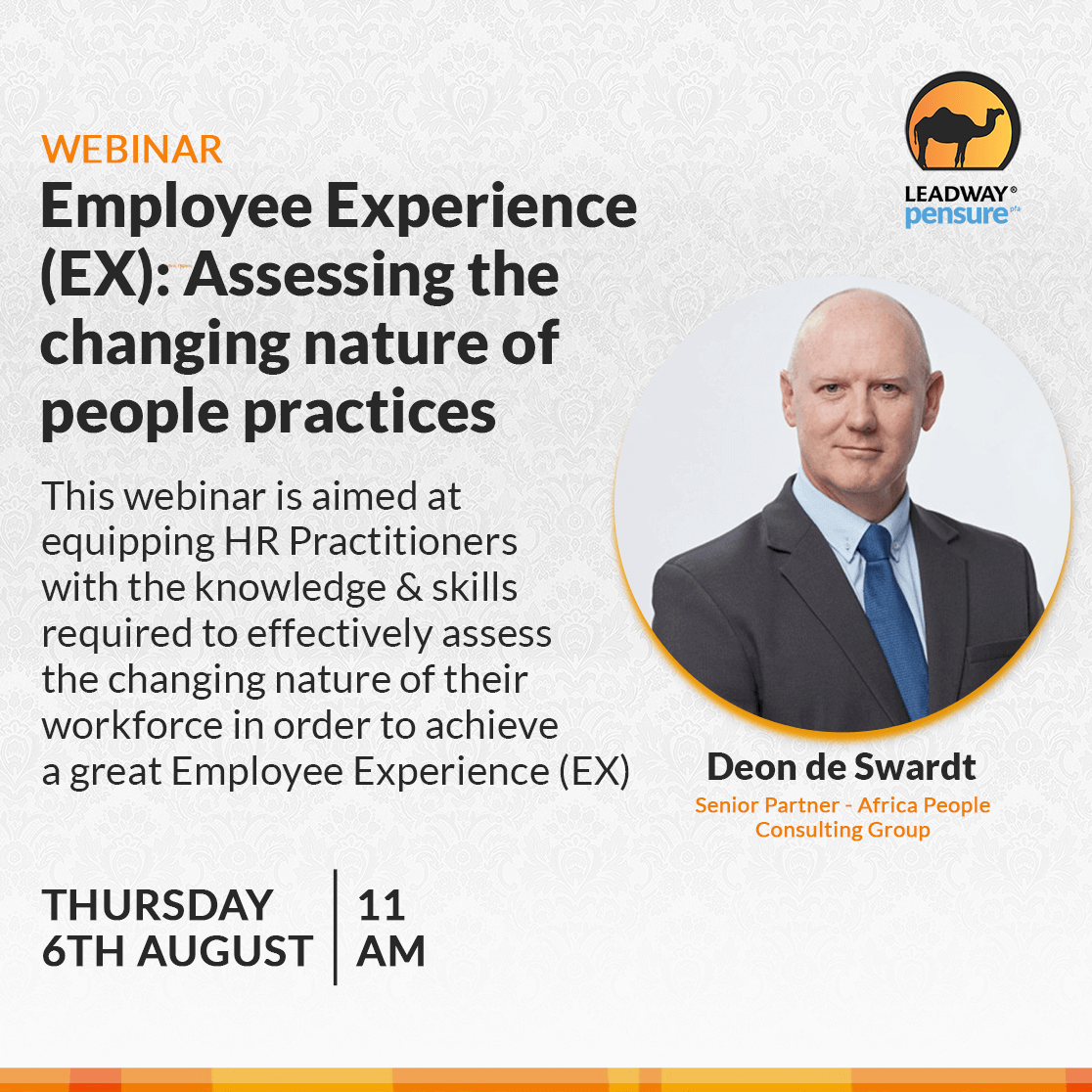 LeadwayPensure's tweet photo. Join us on Thursday 6th August 2020 as we host HR and business managers in a webinar where we will be having Deon de Swardt, an international people resource consultant discuss Employee Experience. Register here to attend https://t.co/CeTm6jJWXd https://t.co/TUUSN2NbiZ