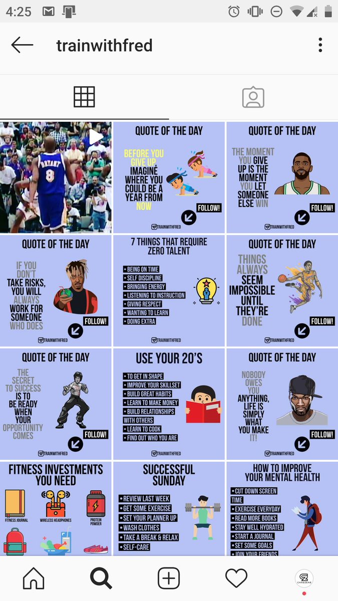 His feed posts are as said above all similar -> All have the same colourHis designs are unique & originalThey grab attention & have pictures, people in them -> 50, Juice etc.He recently started posting videos tooIt will make his feed look less aestheticButVid > Pic