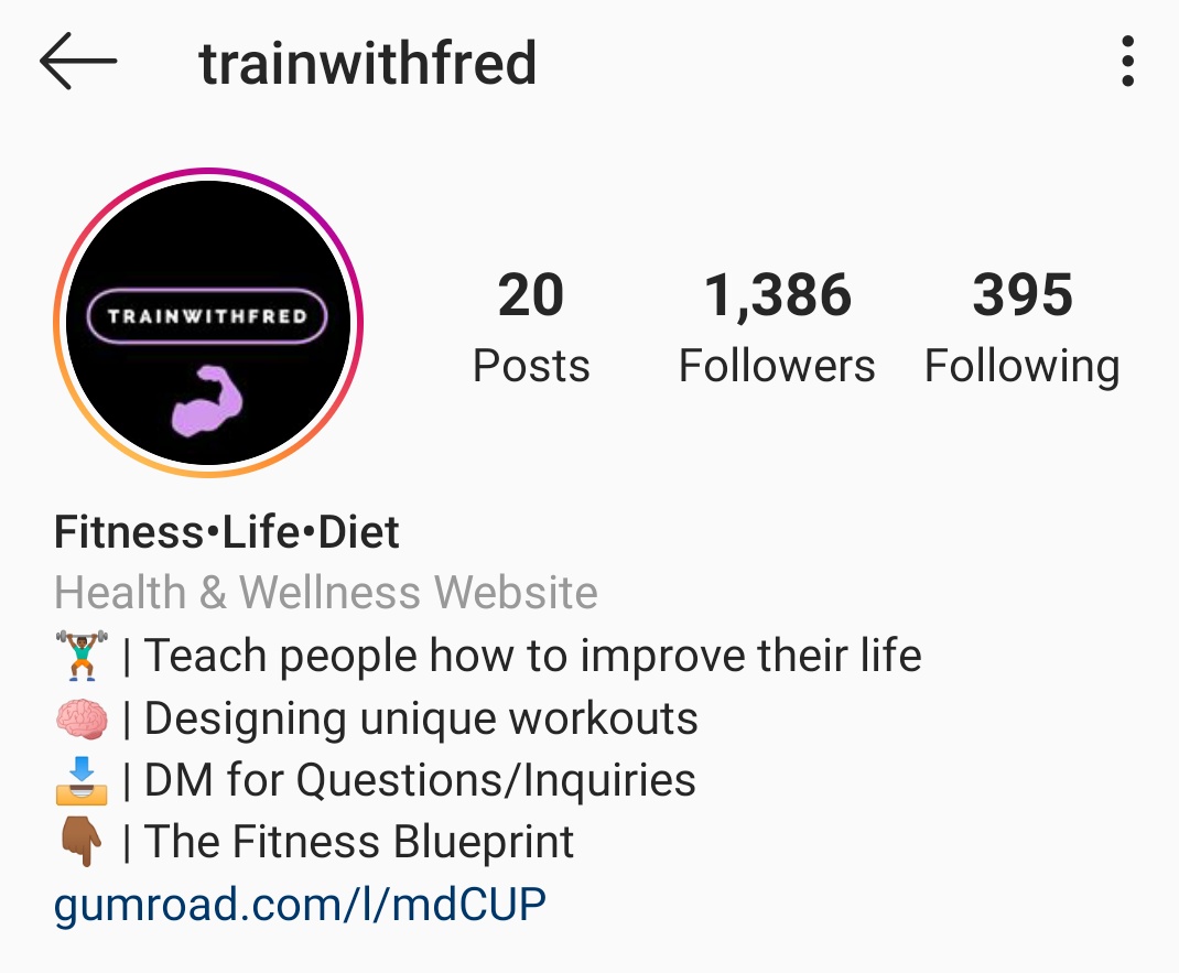 He *could* improve his displayed name with emojis, it grabs more attention (Fitness Life Diet)Bio:Good- Shows what content he posts- Cta to dm- Cta to click link"Bad"- Could use more interest & desire Eg: I want to help you improve your life