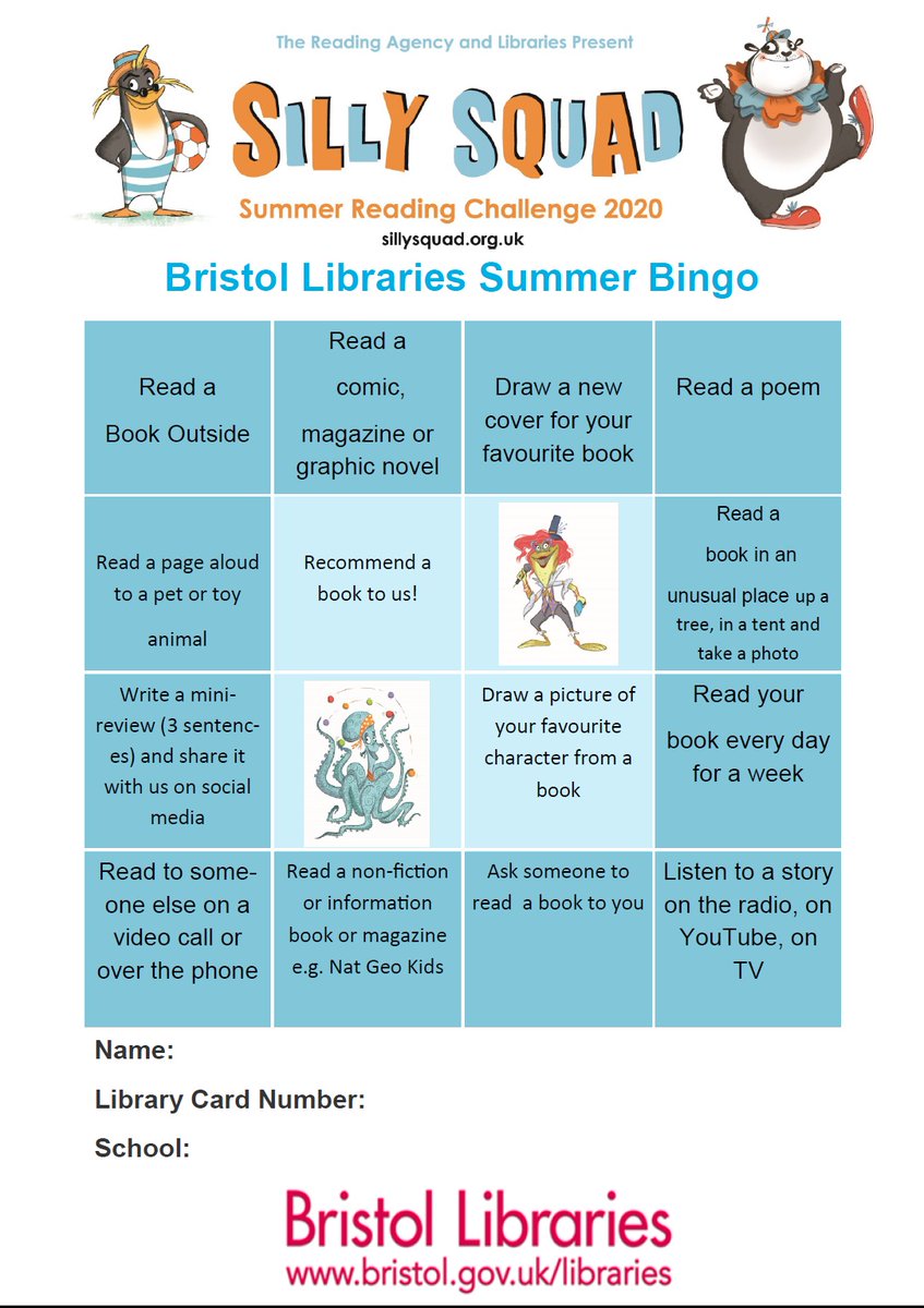 How are you doing filling-in your #SummerReadingChallenge2020 bingo card? Maybe you've already completed one and want to do another in which case YOU could be in the #SillySquad2020 🤪 @BristolLibrary @readingagency #LibrariesFromHome