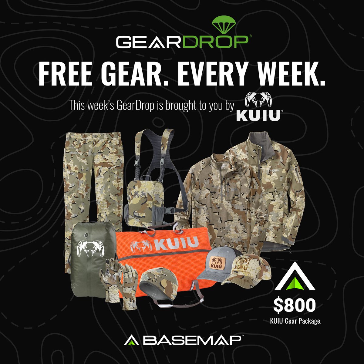 BaseMapOutdoors's tweet photo. This weeks #GearDrop is brought to you by KUIU.  The winner of the GearDrop gets a KUIU camo package along with some great accessories.  Second place will get a $100 KUIU gift card, and third place will win a KUIU t-shirt/hat combo.  Good luck! #kuiu #kuiunation #owntheoutdoors https://t.co/cL4tOn9iQa