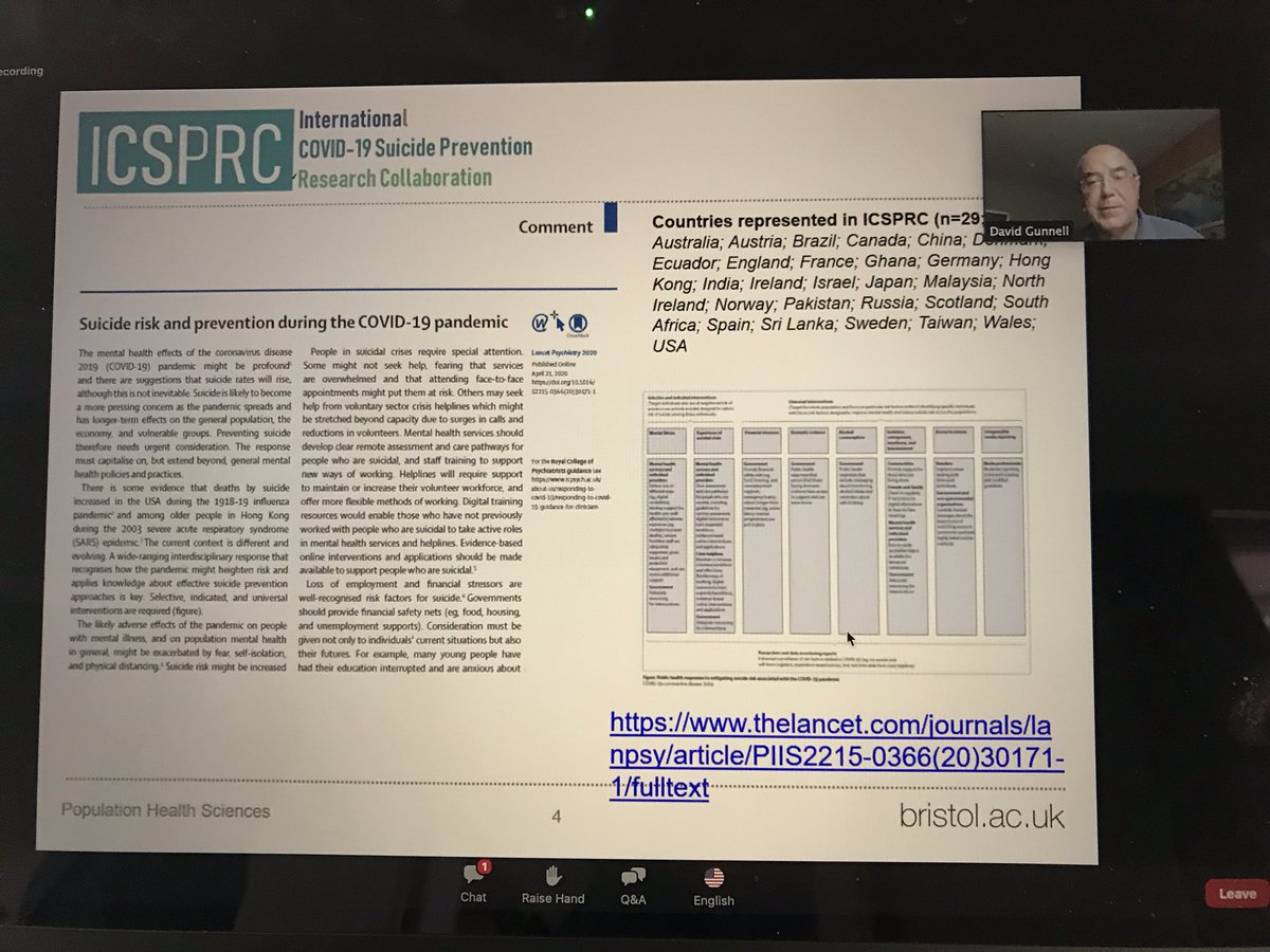 ProfLAppleby's tweet photo. First webinar today from international Covid-19 #suicideprevention collaboration, David Gunnell from @SASHBristol listing 29 countries taking part &amp; highlighting our paper on what Govts can do. #oneworld https://t.co/GafQ0tEvFG