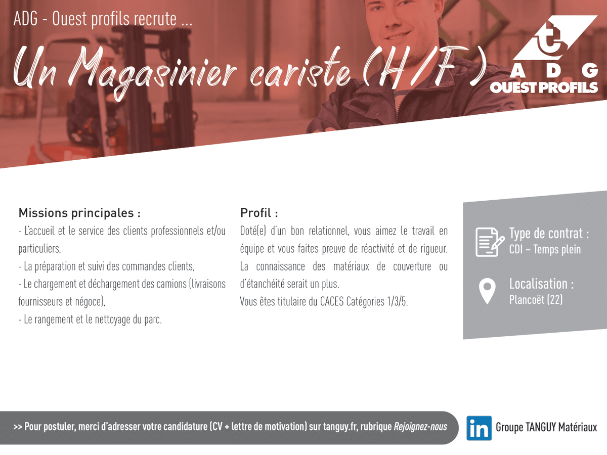 groupetanguy's tweet photo. [Recrutement]
La société ADG - OUEST PROFIL -   recrute pour son dépôt de Plancoët (22) un Magasinier-Cariste (H/F)
✔️ Pour postuler, c'est par ici :  https://t.co/ZEv4FSkzDM
➡️ Découvrez toutes nos offres sur : https://t.co/m6cpwSfgVu
#Job #Emploi #Recrutement https://t.co/uO4oMJGT2p
