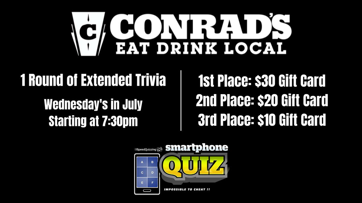 Conrads816's tweet photo. Guess what?! It's Trivia NIGHT w/ Smartphone Pub Trivia! 1 Round of Extended Trivia starts at 7:30pm. Free to play, win bar cash! #Conrads816 #SupportLocal #LocalTrivia #EatDrinkLocal https://t.co/X5h147NaYa