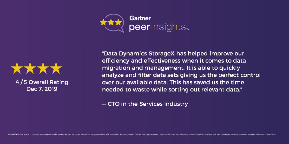 DataDynamicsInc's tweet photo. See what one of the service industry CTOs had to say about our product StorageX. 
#serviceindustry #datamigration #2020year #storageX #manageyourdata #gartner #gartnerpeerinsights #datamanagement #customersatisfaction https://t.co/tkVSj6OVYx