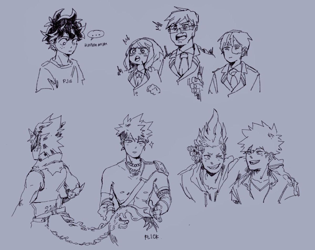 i wasn't gonna draw today but then your name au struck me v.v also some bonus doodles of other aus and deku squad 