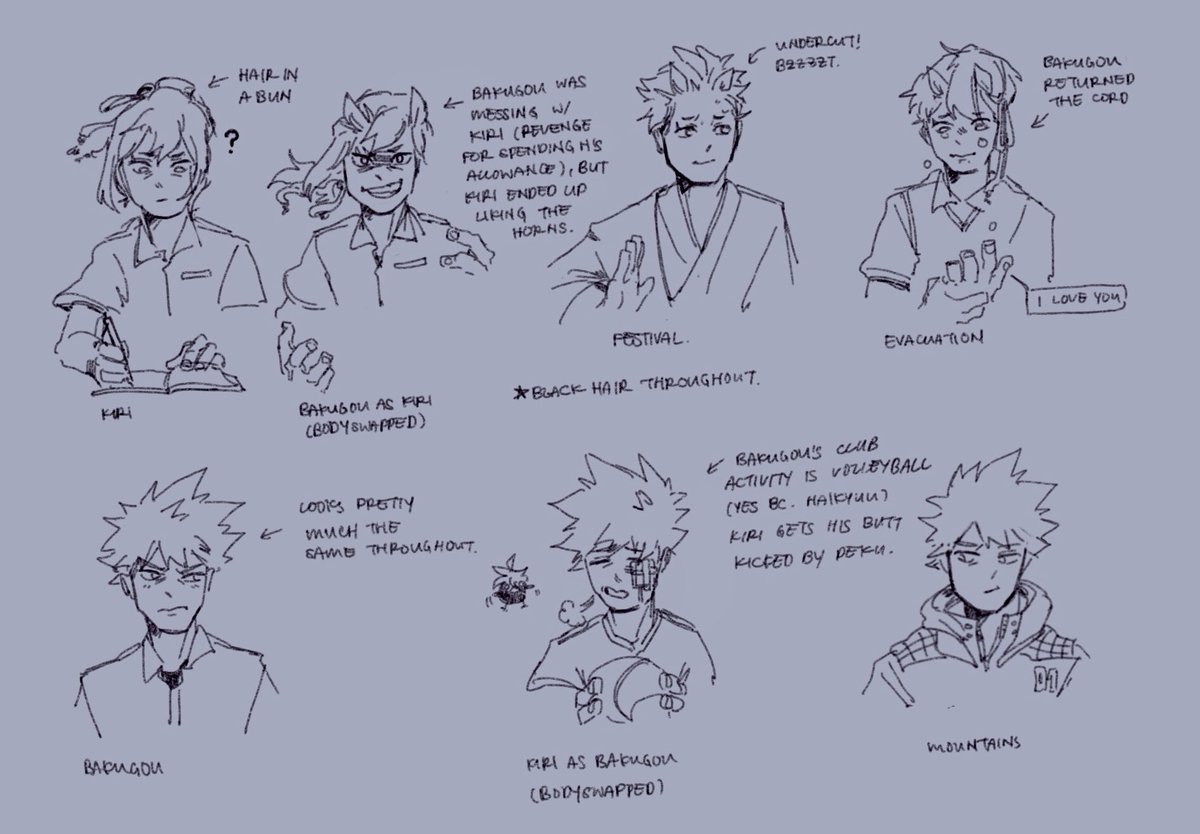 i wasn't gonna draw today but then your name au struck me v.v also some bonus doodles of other aus and deku squad 