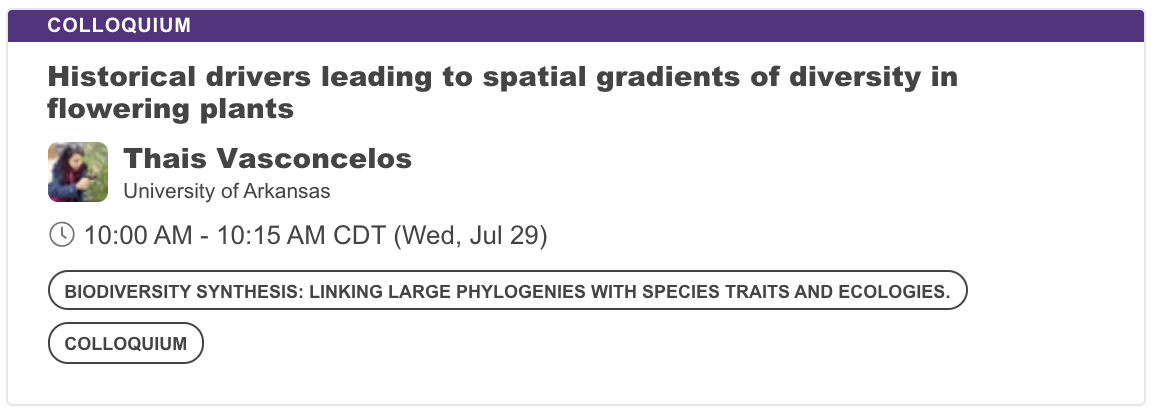ry_folk's tweet photo. Thais Vasconcelos is taking biodiversity and speciation gradients head-on in plants at our Biodiversity Synthesis colloquium at #Botany2020. Was SO looking forward to this -- great work! @TNCVasconcelos @phylieu @omearabrian https://t.co/uygBzNBwxe