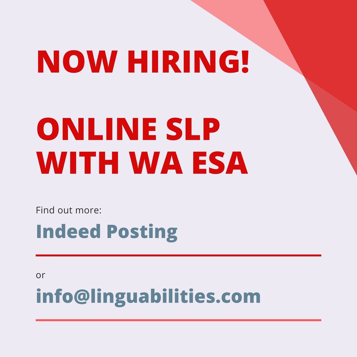 More hiring today! Yay! 🎉🎈🎊
Looking for online SLP with WA state ESA (school cert) for PT caseload. More info thru Indeed!

#telepractice #speechtherapy #speechpathology #onlinetherapy #slp #teletherapy #speechies #teleclinician #onlinespeechtherapy #slpsgodigital #virtualslp