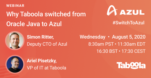 AzulSystems's tweet image. In the world of #Java, customers are faced with a choice: stay and pay with Oracle or switch? @Taboola switched. VP of IT, @APisetzky explains WHY in this webinar: bit.ly/2P7KmT6   #OpenJDK #SwitchToAzul #developers