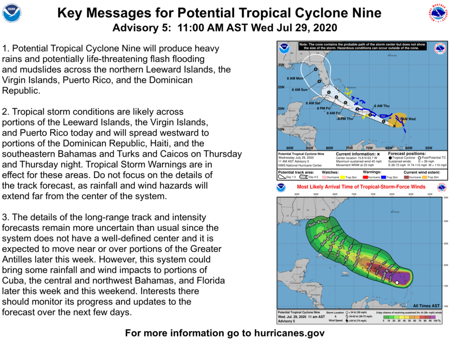 NHC_Atlantic's tweet photo. Here are the 11 AM AST Wednesday Key Messages for Potential Tropical Cyclone Nine.  The full forecast can be found at: https://t.co/tW4KeFW0gB https://t.co/iQqos5Ow0b