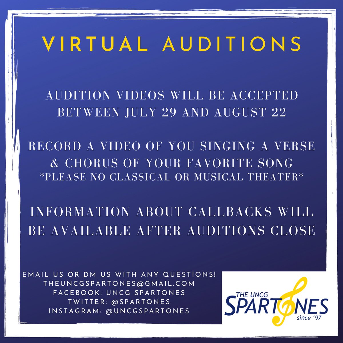 Spartones's tweet photo. Announcing our fall auditions! This fall we are doing virtual auditions! Submission link: https://t.co/ohqsgdWu3w https://t.co/2z47gqJDjJ