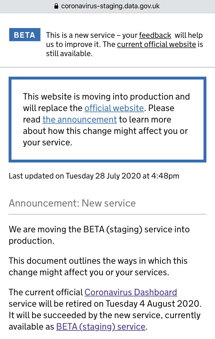 More official rewriting of history coming up. UK government is about to replace the official coronavirus reporting website with the one they'd been running in beta in parallel. But it looks like the old one will be gone-gone, ie no way to refer to it in future. Handy for enquiry!