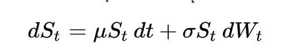 So let's create a stochastic process driven by a Wiener process that has positive upwards drift (because stocks only go up, duh), and a random component. Geometric Brownian motion  https://en.wikipedia.org/wiki/Geometric_Brownian_motion