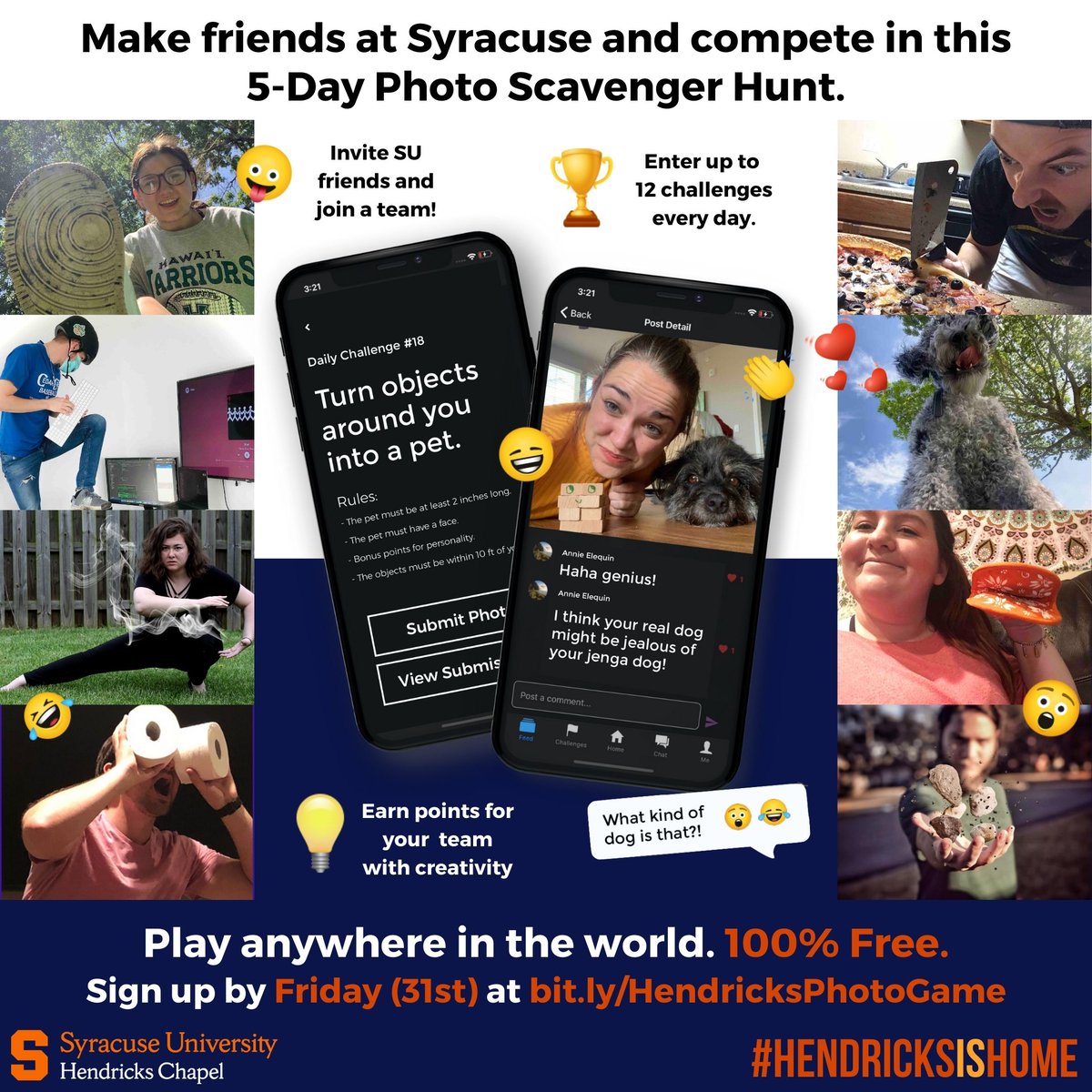 HendricksChapel's tweet photo. Returning students‼️➡️ Sign up today for #HendricksIsHome, our new, online, 5-day photo scavenger hunt led by SU students! Join a team to connect with new classmates, meet friends, and just have some fun!

Students can register at https://t.co/MGgHfKJgSu until Friday, July 31🧡 https://t.co/I8CkOi1fiz