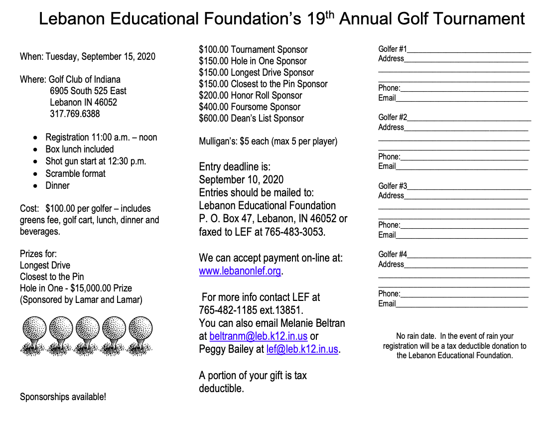 Save the date for the 19th Annual Lebanon Educational Foundation Golf Tournament on Tuesday, Sept 15th <a href="/GCIgolf/">Golf Club of Indiana</a>.  Please read the information below. <a href="/Lebanon_Schools/">Lebanon Schools</a>