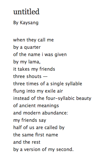 5/ On being  #Tibetan in India: She was known in her  #Delhi college "by a quarter/ of the name i was given/ by my lama" (Kay for Tenzing Kalsang): "it was convenient for them to forget about these parts about me… as if they wanted to avoid the politics behind my name."Poem