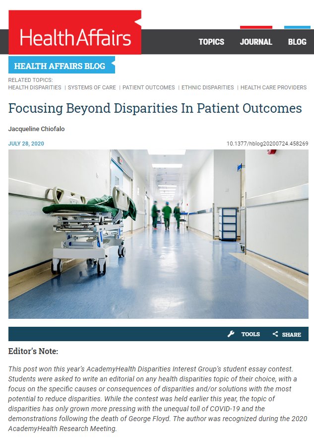 Congrats Jacqueline Chiofalo, winner of 2020 #AHDisparitiesIG student essay contest! Her essay highlights need for measurement &amp; prioritization of #healthequity in #HSR &amp; health systems. Great read! healthaffairs.org/do/10.1377/hbl…