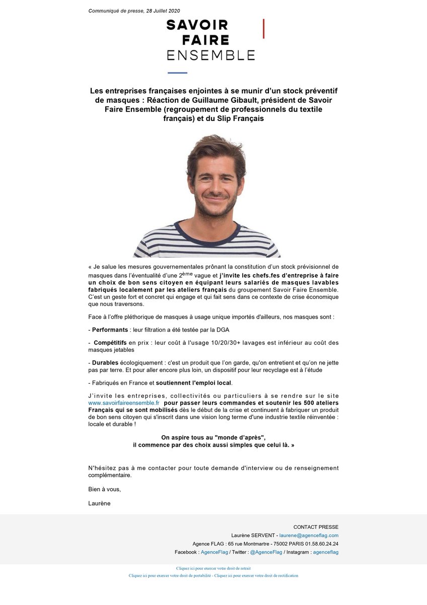 facondefaire's tweet photo. @GuillaumeGibault, président de @sfaireensemble  salue les mesures gouvernementales prônant la constitution d’un stock prévisionnel de masques dans l’éventualité d’une 2ème vague. 
@UITFrance @Modeintextile @LeSlipFrancais 
https://t.co/zSaB3ZKjjJ https://t.co/OFTcXYJaiM
