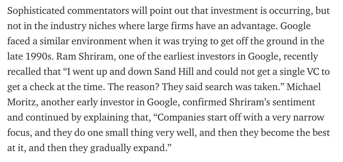 Also, even if VCs are hesitant to fund a direct competitor, competition has a funny way of evolving over time. Check out this story from  @WillRinehart about Google’s founding: