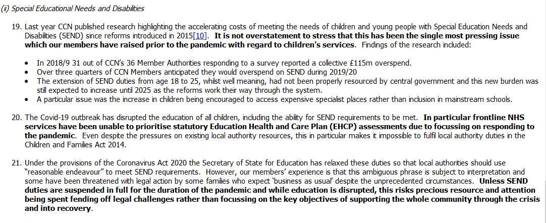 CIE0187 - the County Councils Network, who are unhappy with the ambiguity of 'reasonable endeavours', and want to see SEND duties "suspended in full for the duration of the pandemic & while education is disrupted"
