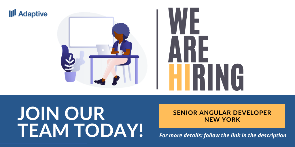 WeAreAdaptive's tweet photo. We're hiring! We're currently looking for a #Senior #AngularDeveloper to join our team in #NYC. If you're looking for a great challenge with a brilliant team, take the chance now! https://t.co/MbLekxiGcT

#openposition #jobopportunity #hiringtalent https://t.co/c0MfQCZhGf