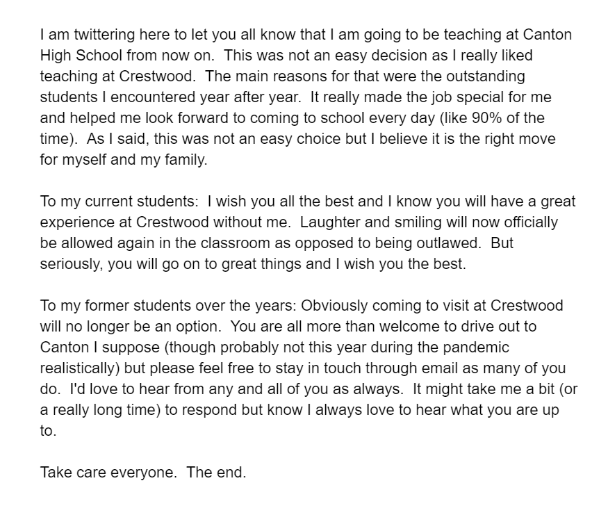 MrHren1's tweet photo. So I want to let everyone know I am going to be teaching at Canton High School this fall.  I attached something I wrote explaining with some comments.  All the best to everyone.  The end. https://t.co/q3W4bz7vxM