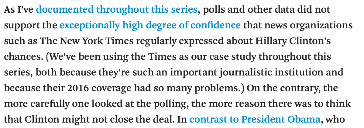 But there are much larger questions here, most of which relate to something about which  @NateSilver often expresses frustration—how the media interpret and report on his forecast.  https://fivethirtyeight.com/features/the-media-has-a-probability-problem/