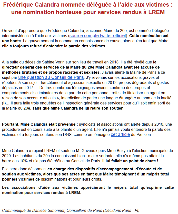 La nomination de Mme Calandra à la Délégation interministérielle à l'aide aux victimes est donc confirmée. Lamentable.
Mon communiqué 👇 x.com/DIAVictimes/st…