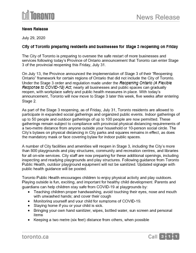 cityoftoronto's tweet photo. City of Toronto preparing residents and businesses for Stage 3 reopening on Friday. 

Full news release: https://t.co/07LkW2p59P https://t.co/nrXZhMSrWe