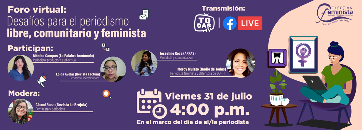 En el marco del 31 de julio, Día del/la periodista, realizaremos el #ForoVirtual: Desafios para el ejercicio del periodismo libre, comunitario y feminista.  Puedes verlo en:

#TodasTV📺: bit.ly/PeriodismoFemi…
y seguir el FBLIVE en: url2.cl/CPHur

Activa la 🛎️