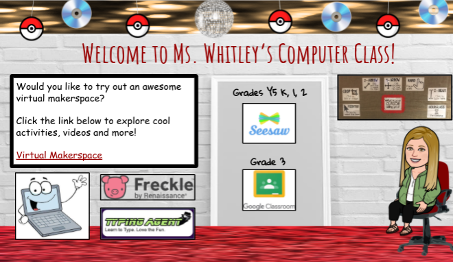 cmwhitley72's tweet photo. Yes - now practicing to make sure I'm prepared for using it w/ my 425 students! "Happy computer" icon links to grade level activities/websites in LiveBinders. Image behind my bitmoji is actual bulletin board from my lab. Pokeballs, CDs and disco ball on ceiling-just like my lab! https://t.co/8BtYC3O5qY