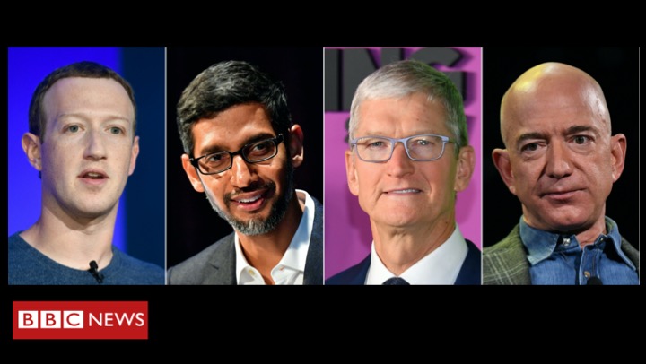 Bosses of America's largest tech firms - Facebook, Google, Apple and Amazon - to give evidence to members of US CongressCEOs Mark Zuckerberg, Sundar Pichai, Tim Cook and Jeff Bezos will face questions over whether they are too dominantLive coverage:  https://bbc.in/3f8f1dx&nbsp;