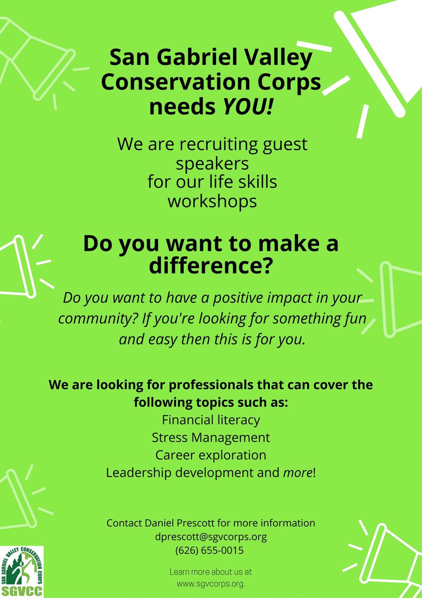 SGV_CORPS's tweet photo. Looking to make a difference? We are looking for guest speakers that can bring life skills real life experience and knowledge. Email dprescott@sgvcorps.org for more info. #sgvcc #lifeskills #investinouryouth https://t.co/qrA4dqBkTF