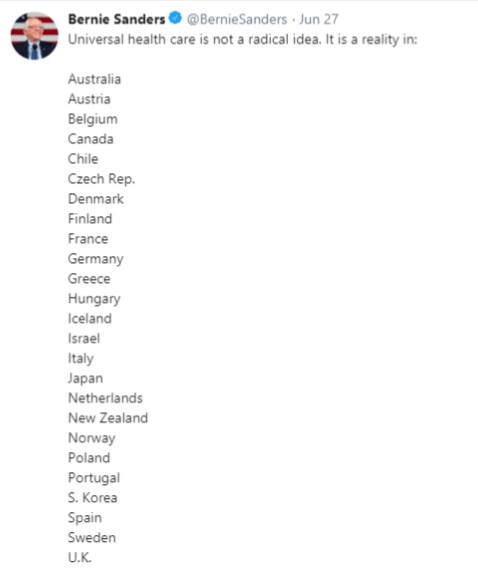 Quiz for people who insist Sanders’ M4A plan is the only HC plan they’ll accept:1. How many countries on Sanders’ list have a full SP system?2. How many have the hybrid systems Sanders, and you, oppose?3. Name one Democrat who said UHC is “a crazy idea” or “radical.”