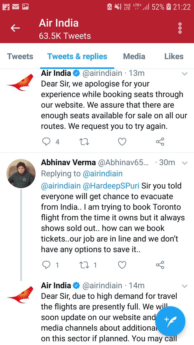 heen09's tweet photo. @airindiain Even your response is inconsistent, can u plz stop this nonsense and for once be fair to common people struggling to go back. The tickets never showed available, I have been trying since 2 hrs. Even if one common man here can say they were able to book the ticket I would trust AI https://t.co/mNT6lP5Qxn