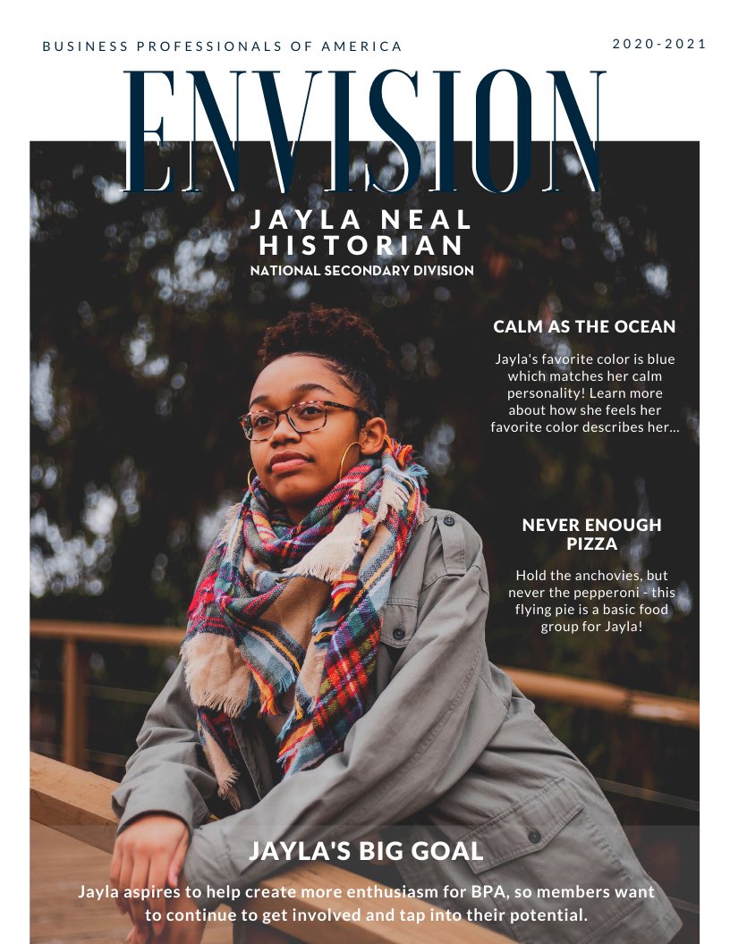 BPAconnect's tweet photo. We’re excited to share our fun magazine cover features showcasing our National Officers! Over the next 3 days we’ll release a new series of covers each day so you can learn a little more about each member of our amazing National Officer Team. #EnvisionEmpowerIgnite https://t.co/ZKypm1ebAZ
