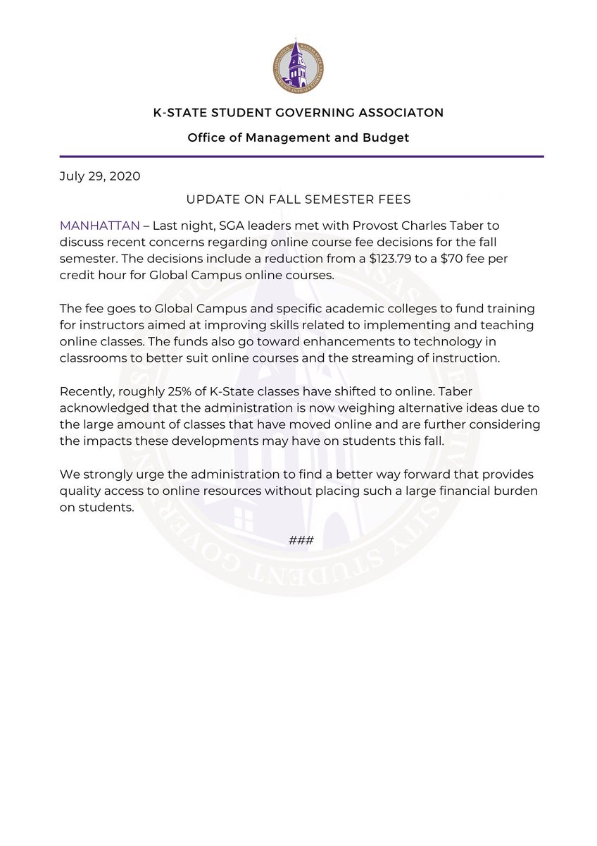 Please see our update regarding conversations SGA is having around Fall semester fees