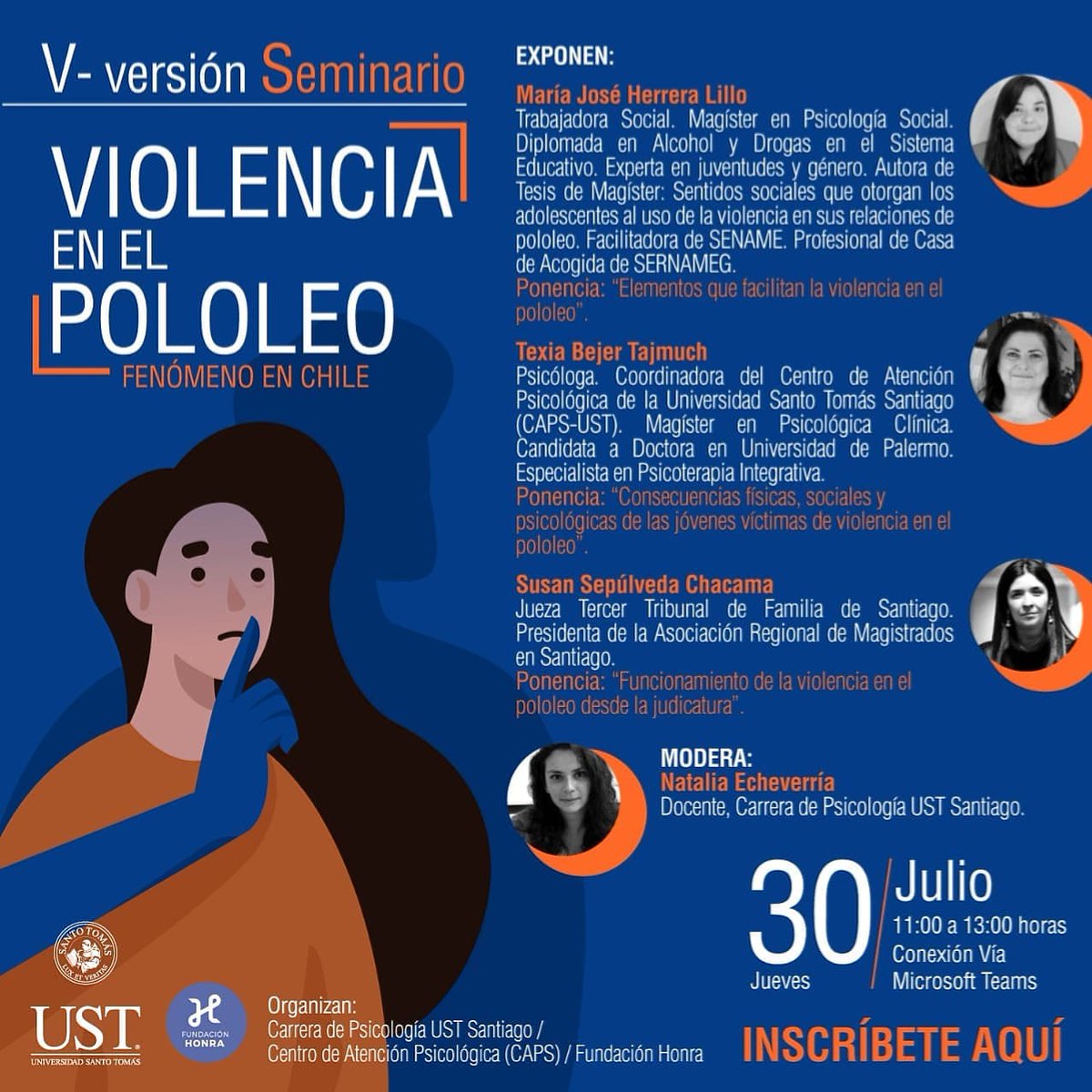 [Abierto al Público] Seminario Violencia en el Pololeo: Fenómeno en Chile. Inscripciones acá.
academia.fundacionhonra.cl/wp/2020/07/23/…
<a href="/UST_Santiago/">UST Santiago</a>