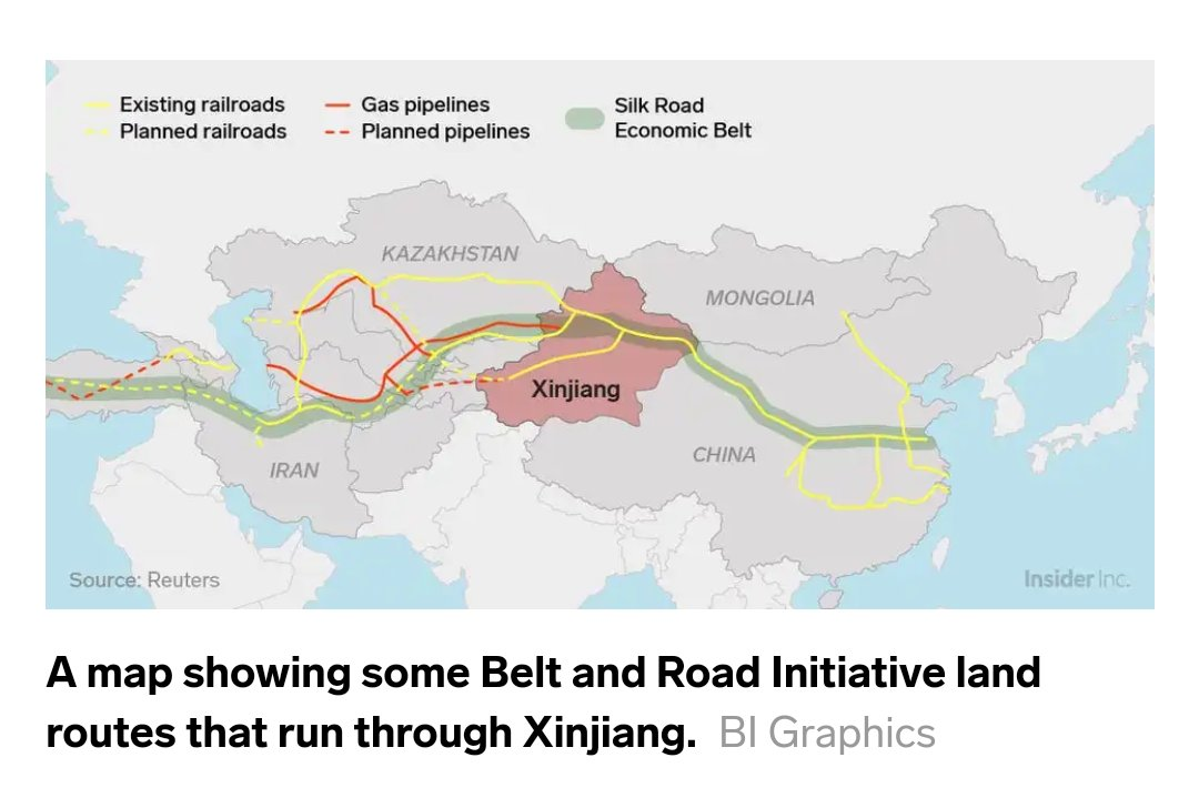 Here's where it is important to know about the Belt and Road Initiative, and how Xinjiang fits into it.European world supremacy was enforced via the ruling the ocean, so China is trying to build a land-based trade network that isn't subject to their whims.