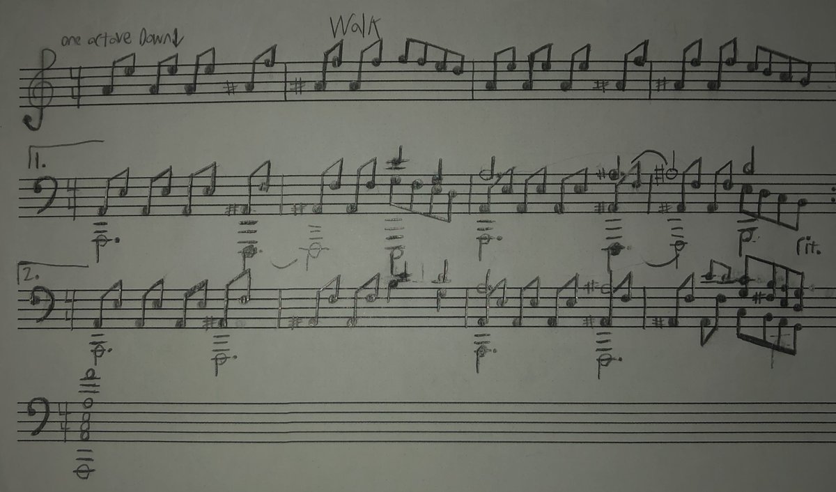 SytcrBurner's tweet image. This is the melody to one of my favorite piano beats I’ve made. The story on this is that I had a melody idea, but I was in class and couldn’t use FL so I just wrote it out on blank staff paper lol. I accidentally wrote the first line on Treble and I wasn’t boutta erase it 😂