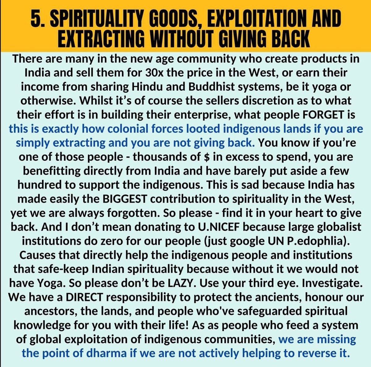 Dear spiritualists, Stop appropriating Indian culture. Saw this on IG from@/wanderingkamya and it has a lot of great points about how spiritualists and spiritual influencers take from our culture without giving back/being respectful.