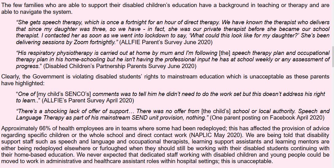 CIE0332 - ALLFIE, the Alliance for Inclusive Education: "too many disabled students who cannot access standard online learning opportunities with minimum adjustments are being denied their basic right to mainstream education"  https://committees.parliament.uk/writtenevidence/8754/html/
