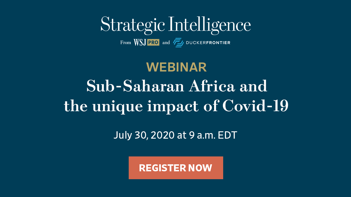 Do you conduct any business in #SSA? Join us tomorrow @9am EDT for a discussion of the unique impact of #COVID19 on the region and what future opportunities &amp; risks are in store for #multinationals operating there. Register: bit.ly/3hK8esk #Africa <a href="/DuckerFrontier/">DuckerFrontier</a>