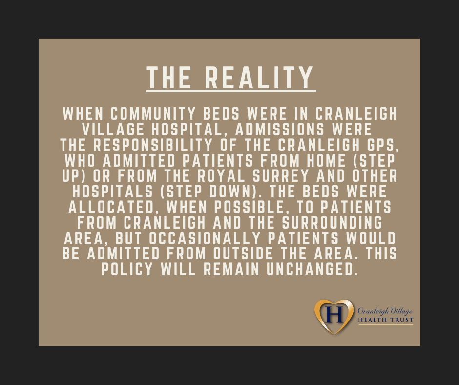CranleighHealth's tweet photo. Cranleigh Village Health Trust busts some myths, starting with this one about community bed availability. Visit our virtual exhibition at https://t.co/zTAgNPUDzA to learn more about the plans. https://t.co/WHiNIl3Llr