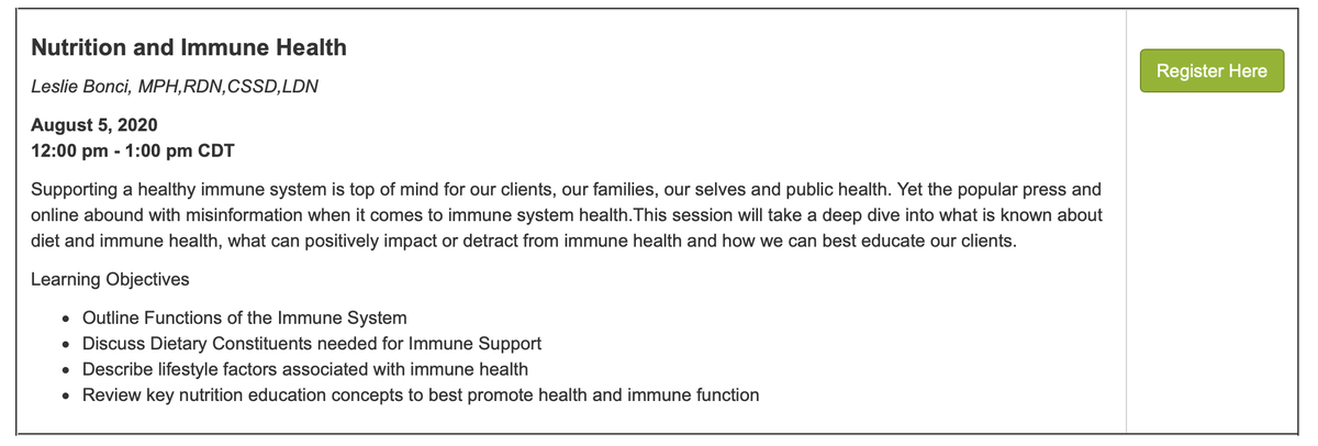 SCANdpg's tweet photo. Register for our newest webinar "Nutrition and Immune Health" with @lesliebonci, MPH, RDN, CSSD, LDN on August 5th!
Learn more and get registered HERE: https://t.co/e6H1jpUiI5 #rdchat #rd2be #scanstrong @eatrightPRO https://t.co/Ngwwg1K5qO