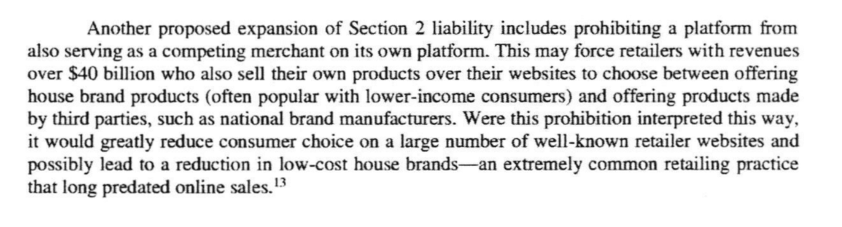 Prohibiting a platform from also serving as a competing merchant on its own platform would force retailers to choose between offering house brands and third party products - greatly reducing consumer choice, as fmr FTC Cmr  @M_Ohlhausen notes