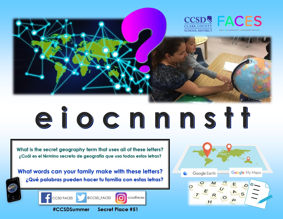 CCSDFamily's tweet photo. Phonics, spelling, vocabulary, & geography were explored through daily puzzles this summer. The 3⃣ remaining #CCSDSummer puzzles are not specific places. Unscramble the letters to REVIEW a geography term we used in previous location clues. Be the first family to figure it out! https://t.co/4QL1xdMUin