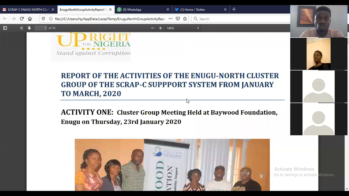 Today, Our EnuguNorth Cluster of #Upright4Nigeria had her first ever virtual meeting to strategize activities for the 3rd Qtr. We are committed to #SCRAP_C & encouraging values of Transparency & Accountability in Nig. @Upright4Nigeria @YIAGA @ActionAidNG @CDDWestAfrica @CCSImpact